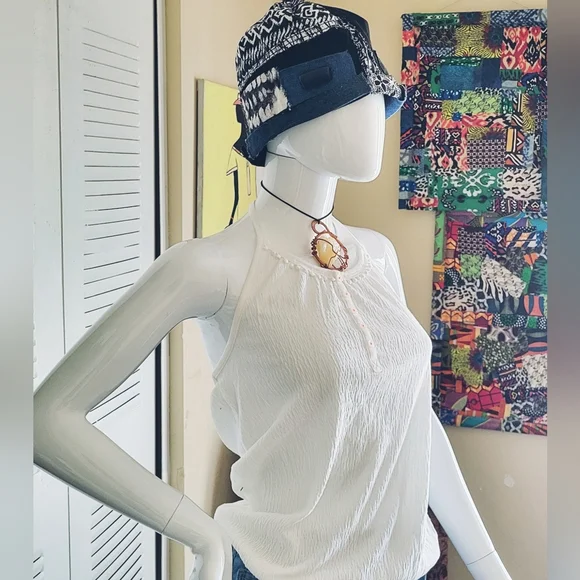 Funky freyed hobo african denim, jean hat,Handmade one size small medium fit Upcycled Denim Bucket Hat – Handmade Patchwork Grunge Cap  main image 4